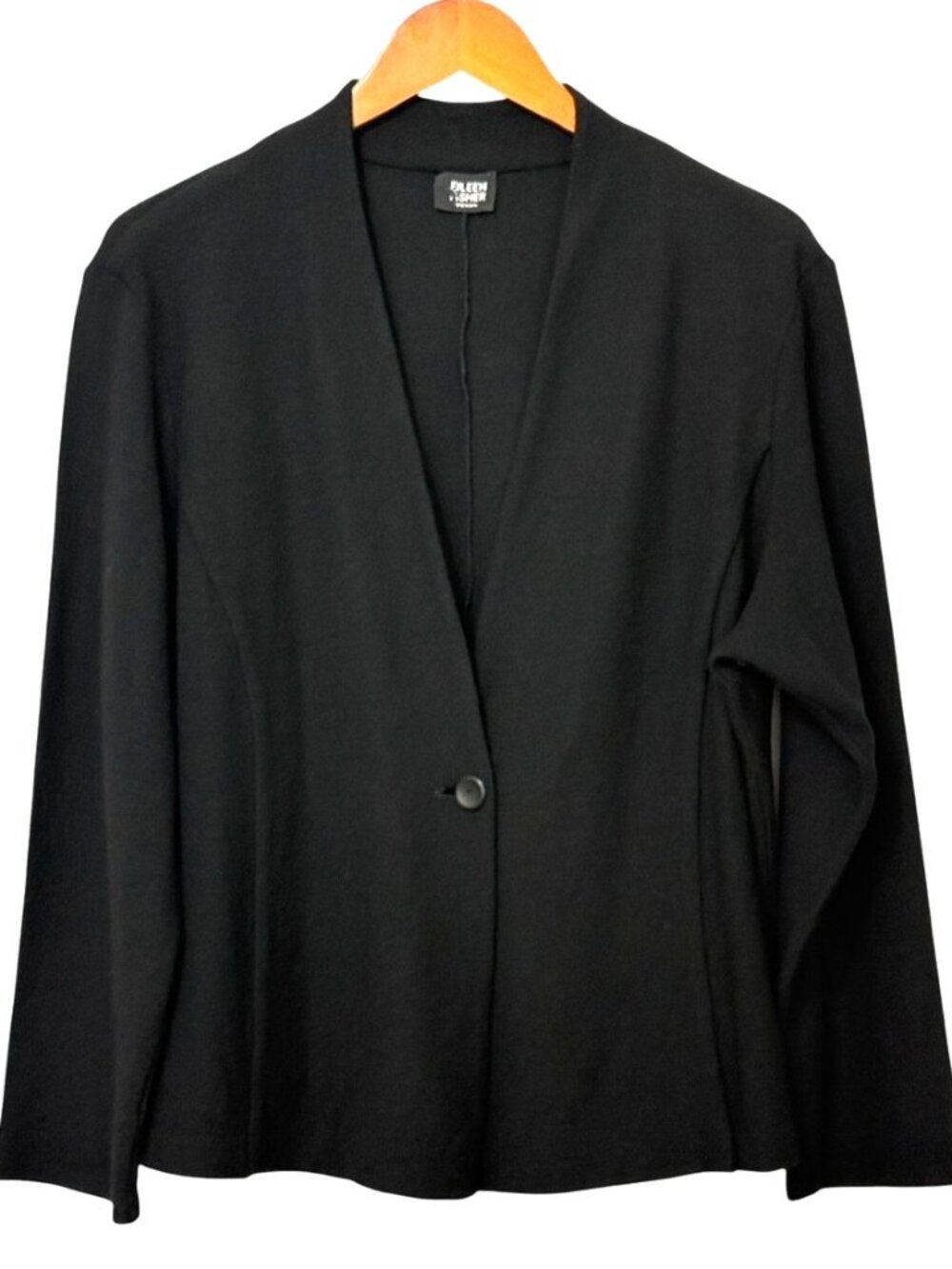 Eileen Fisher Woman 1-Button Black Wool Jacket Topper V-Neck Long Sleeve Size L?
